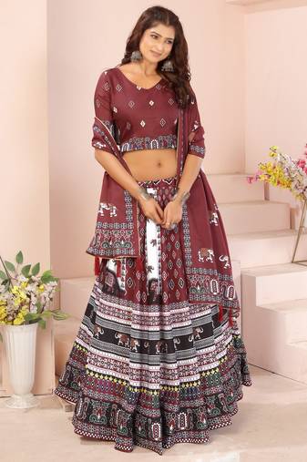 white rayon printed navratri special lehenga choli