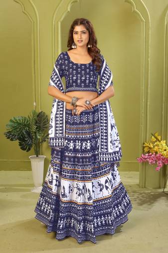 blue rayon printed navratri special lehenga choli