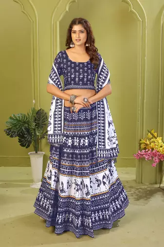 blue rayon printed navratri special lehenga choli