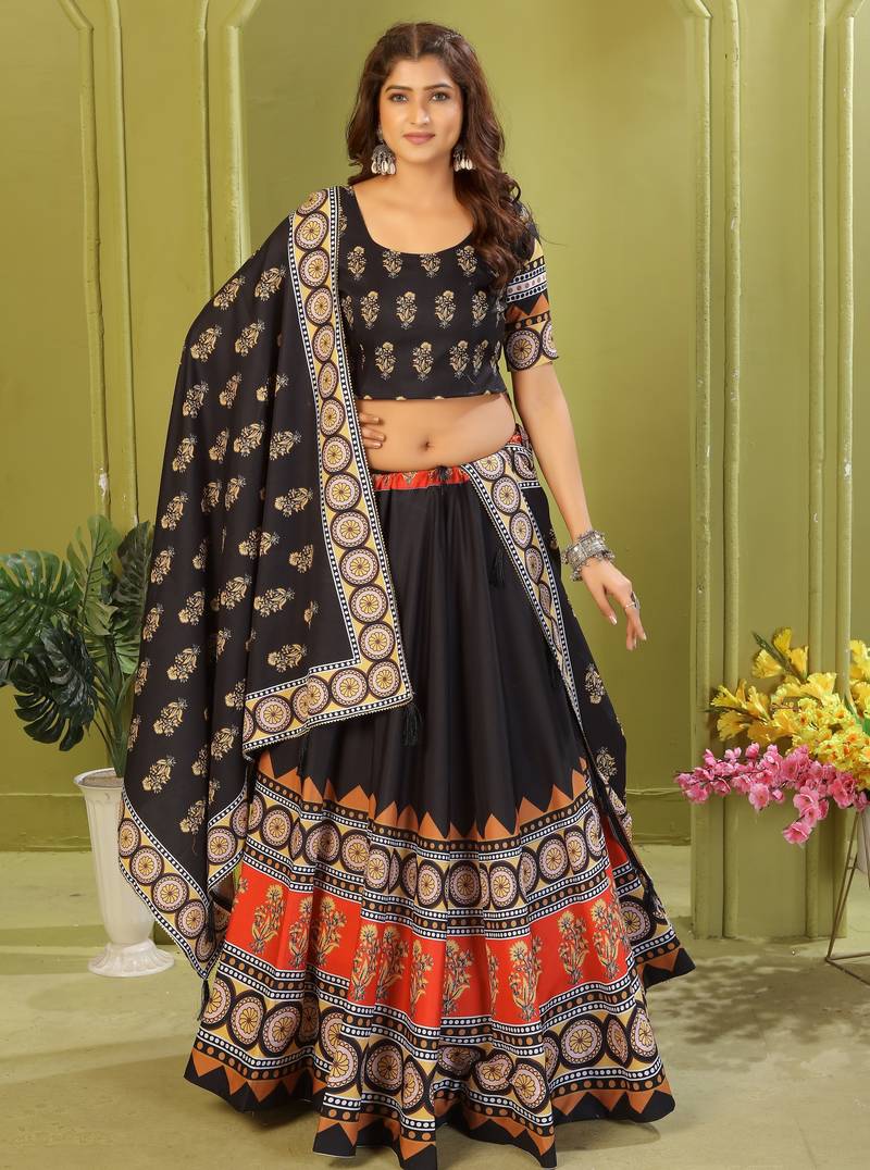 black rayon printed navratri special lehenga choli