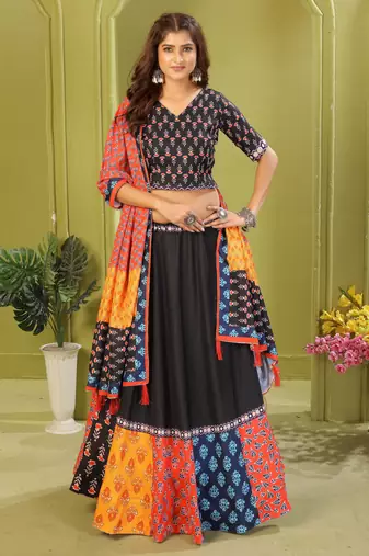 black rayon printed navratri special lehenga choli