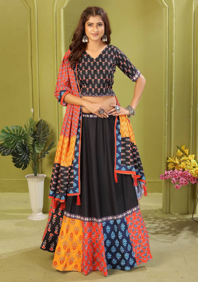 black rayon printed navratri special lehenga choli