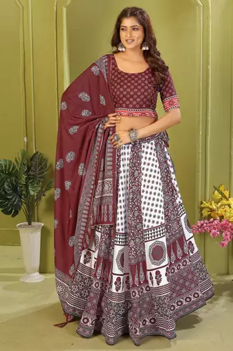 white rayon printed navratri special lehenga choli