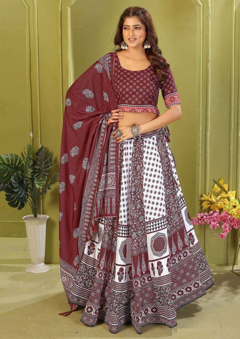 white rayon printed navratri special lehenga choli