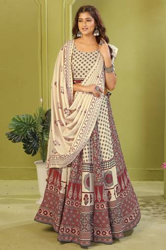 cream rayon printed navratri special lehenga choli