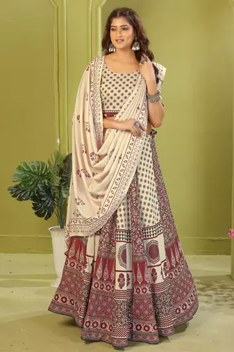 cream rayon printed navratri special lehenga choli