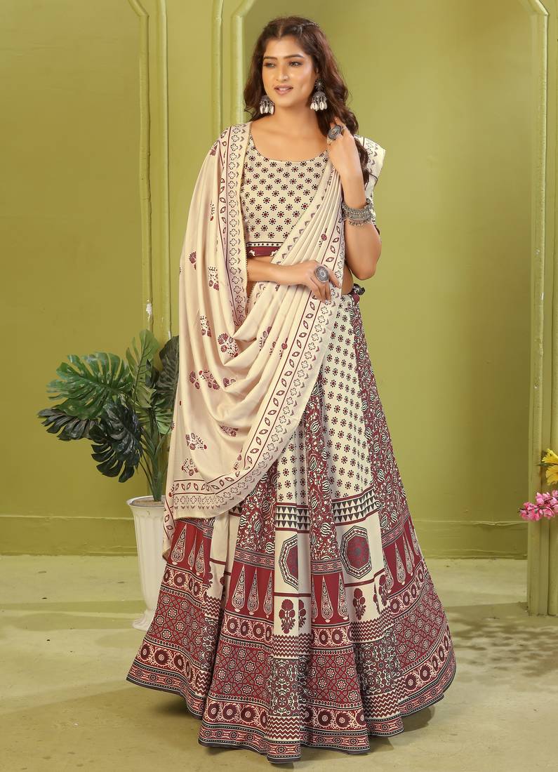 cream rayon printed navratri special lehenga choli