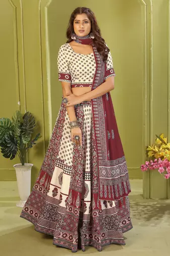 cream rayon printed navratri special lehenga choli