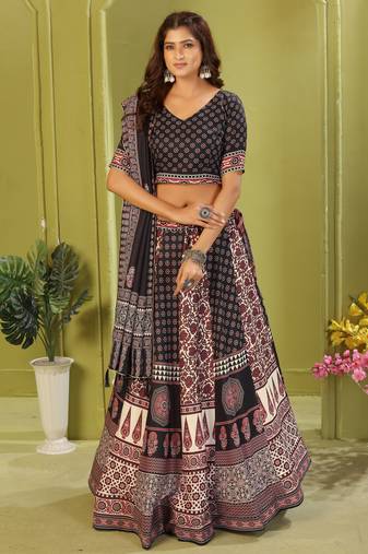 black rayon printed navratri special lehenga choli