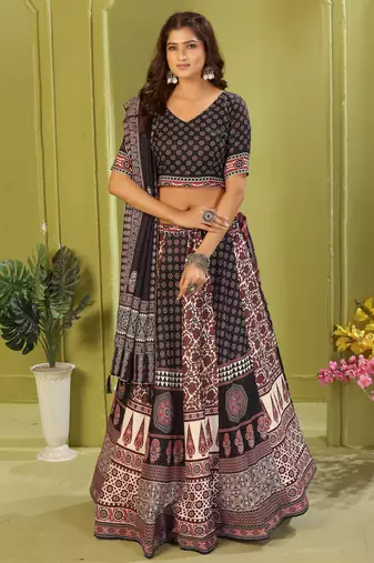 black rayon printed navratri special lehenga choli