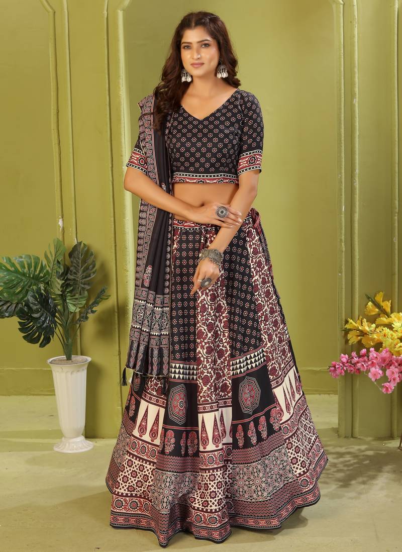 black rayon printed navratri special lehenga choli