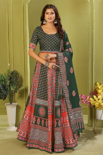 green rayon printed navratri special lehenga choli