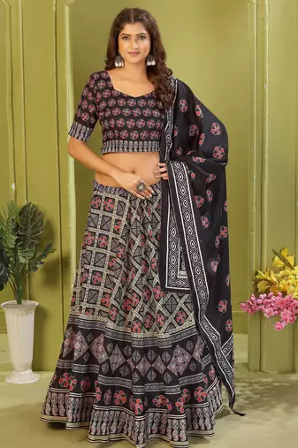 black rayon printed navratri special lehenga choli