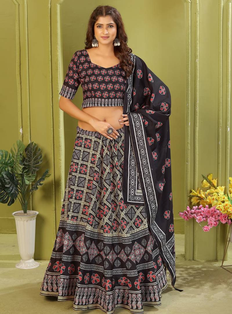 black rayon printed navratri special lehenga choli