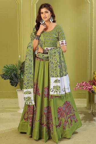 green rayon printed navratri special lehenga choli