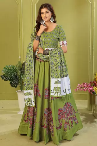 green rayon printed navratri special lehenga choli