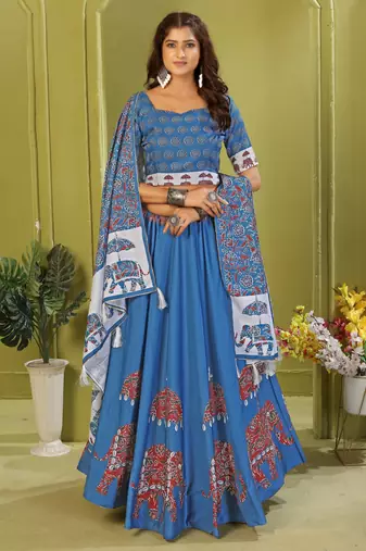 blue rayon printed navratri special lehenga choli