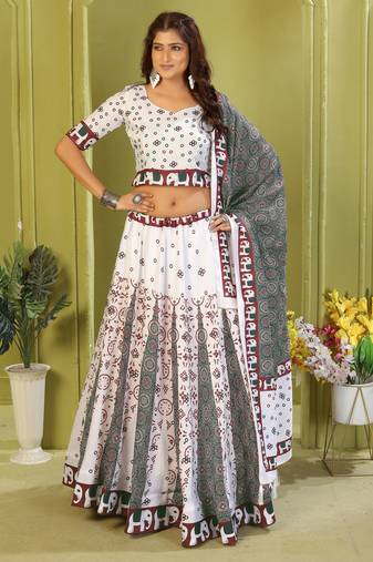 white rayon printed navratri special lehenga choli
