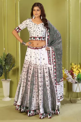 white rayon printed navratri special lehenga choli