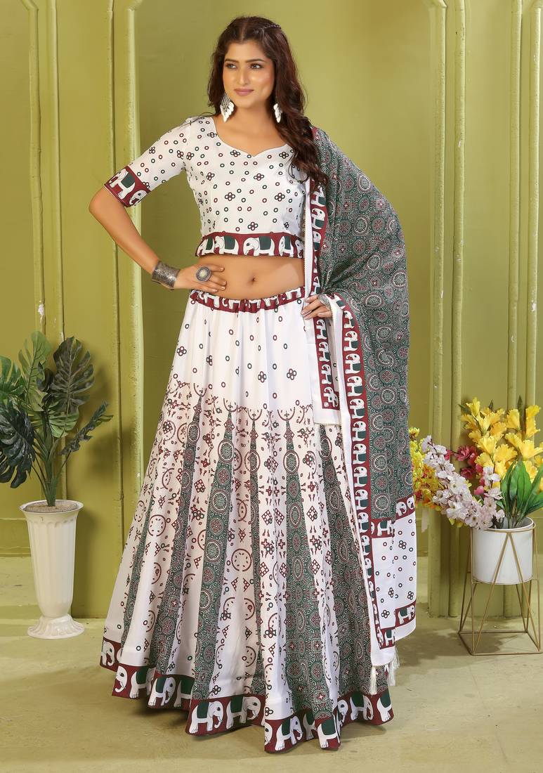 white rayon printed navratri special lehenga choli