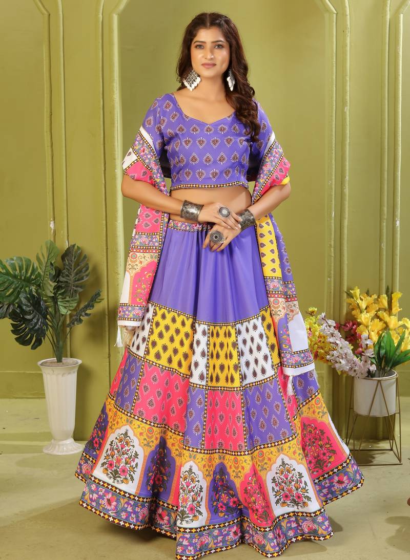 purple rayon printed navratri special lehenga choli