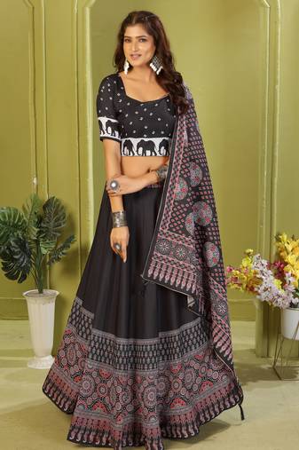 black rayon printed navratri special lehenga choli