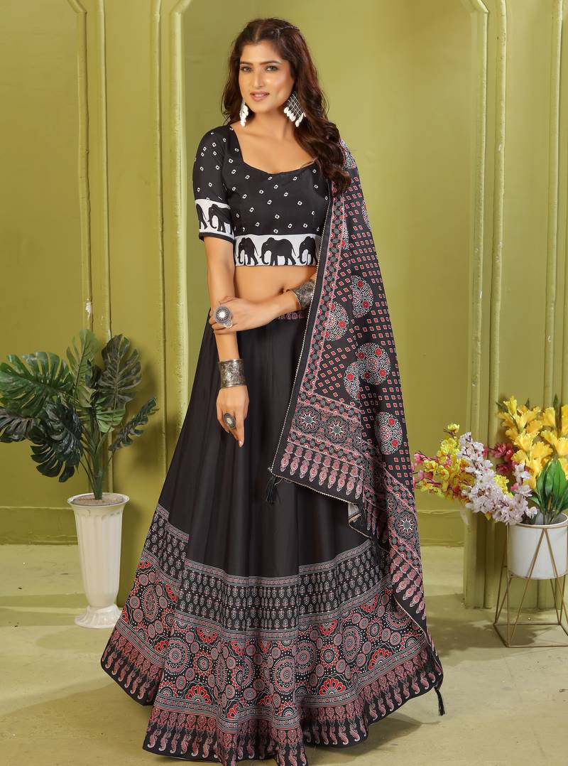 black rayon printed navratri special lehenga choli