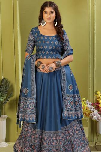 blue rayon printed navratri special lehenga choli