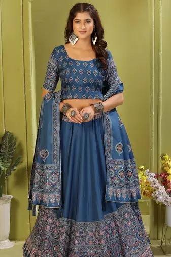 blue rayon printed navratri special lehenga choli
