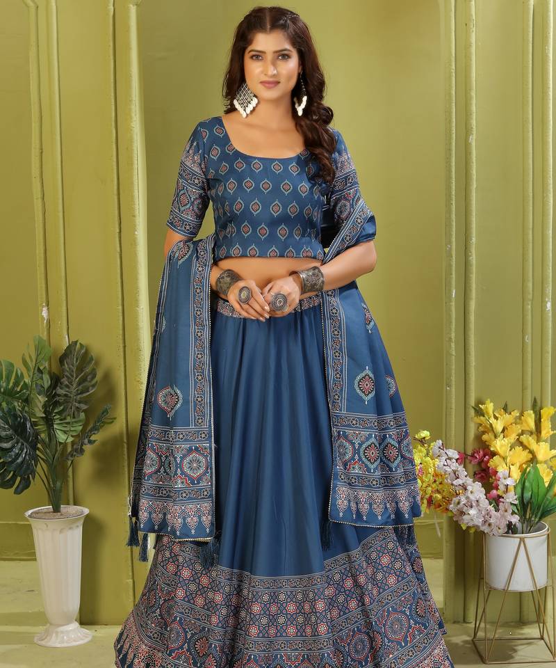blue rayon printed navratri special lehenga choli