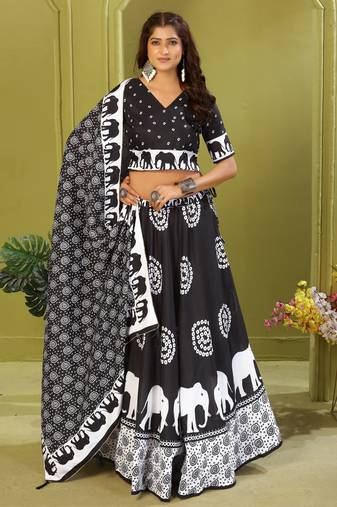 black rayon printed navratri special lehenga choli