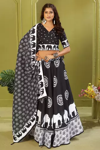 black rayon printed navratri special lehenga choli
