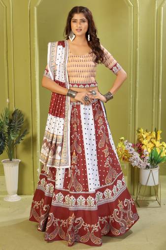 white rayon printed navratri special lehenga choli