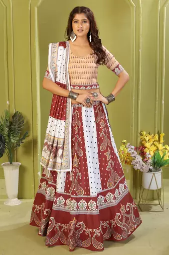 white rayon printed navratri special lehenga choli
