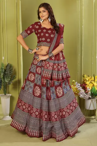 maroon rayon printed navratri special lehenga choli