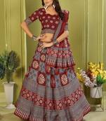 maroon rayon printed navratri special lehenga choli