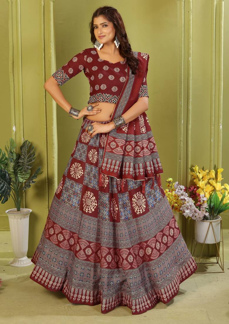 maroon rayon printed navratri special lehenga choli
