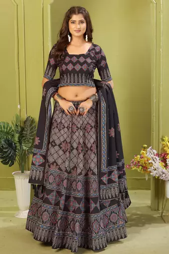 black rayon printed navratri special lehenga choli
