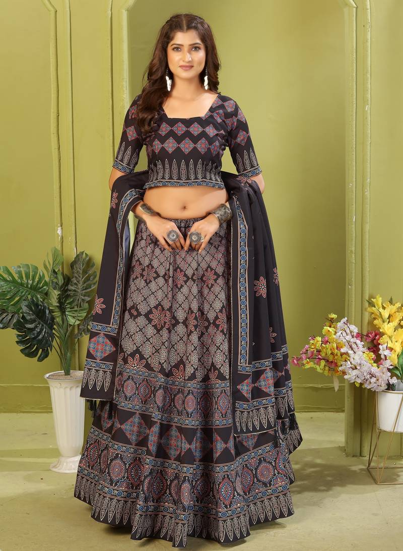 black rayon printed navratri special lehenga choli