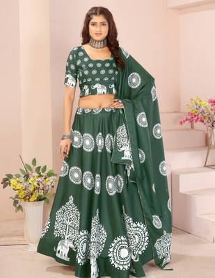 green rayon printed navratri special lehenga choli 1