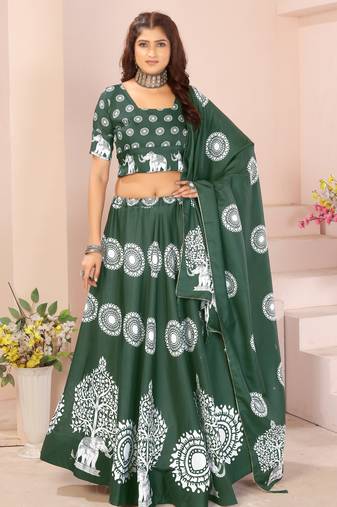 green rayon printed navratri special lehenga choli
