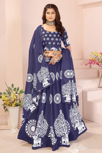 blue rayon printed navratri special lehenga choli