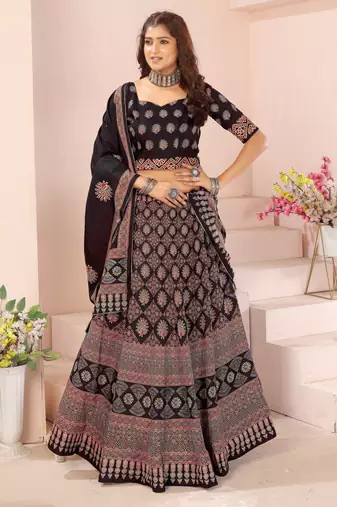 black rayon printed navratri special lehenga choli