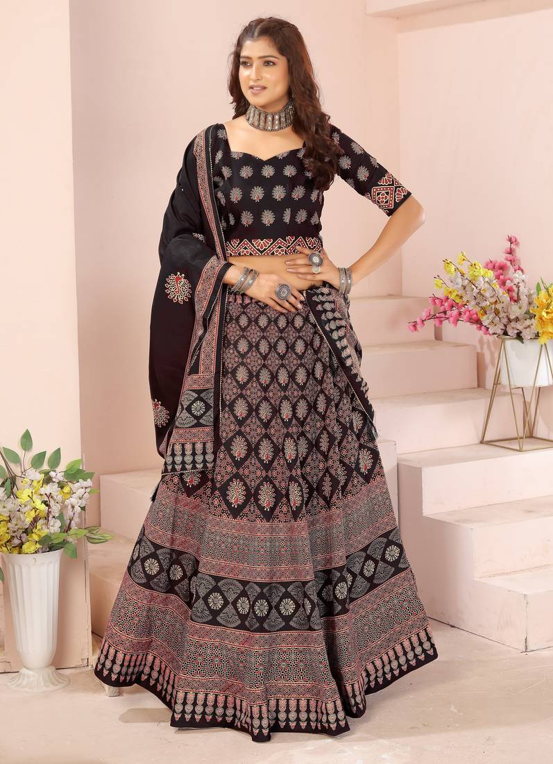 black rayon printed navratri special lehenga choli