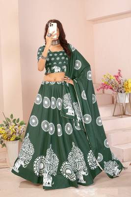 green rayon printed navratri special lehenga choli 3