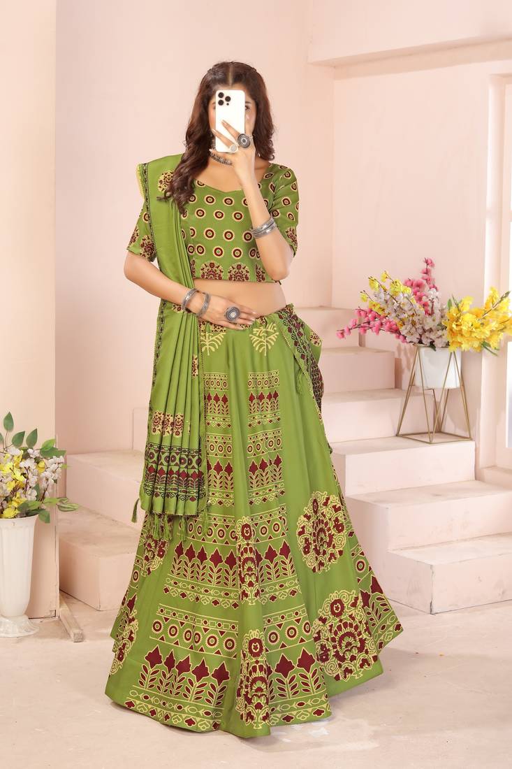 olive rayon printed navratri special lehenga choli