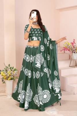 green rayon printed navratri special lehenga choli 4