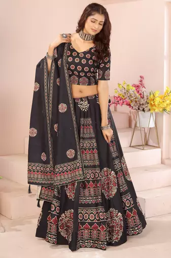 black rayon printed navratri special lehenga choli