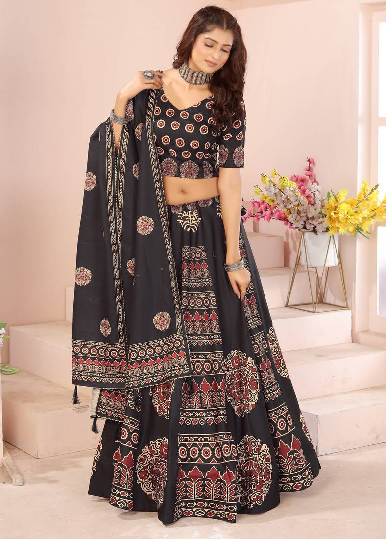 black rayon printed navratri special lehenga choli