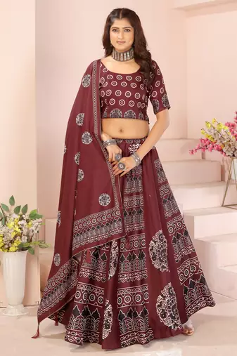 maroon rayon printed navratri special lehenga choli